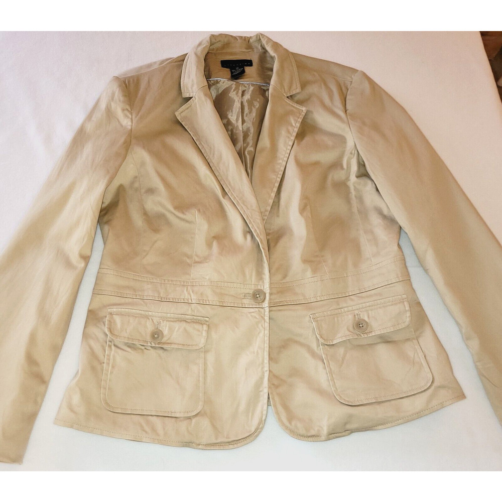 Attention Tan Short Blazer 14 L 1 Button Outside Pockets Lined Preppy Academia - Picture 2 of 9